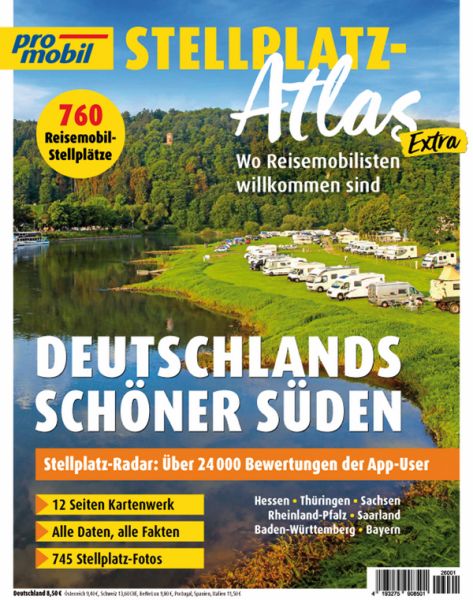 promobil Stellplatz-Atlas 01/2026 Deutschlands schöner Süden - Hessen, Thüringen, Sachsen, Rheinland-Pfalz, Saarland, BW, Bayern
